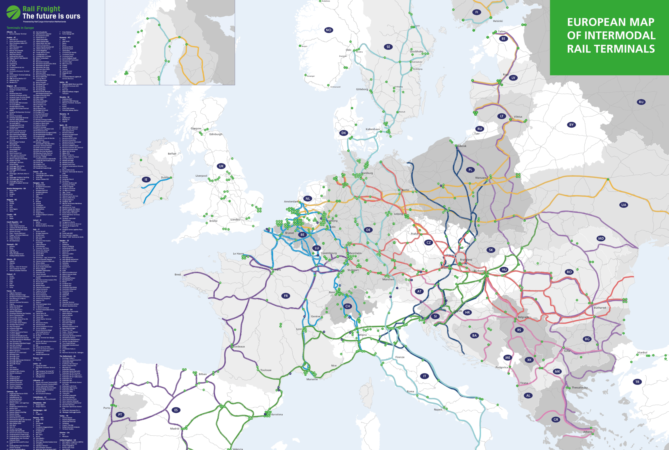 Map of intermodal rail terminals in Europe